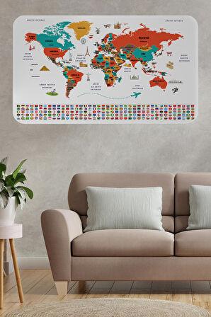 Türkçe Ülke Bayrak lı Eğitici Başkent Detaylı Atlası Dünya Haritası Duvar Sticker  3858- XL 130 x 85 cm